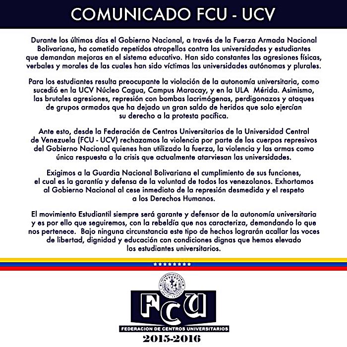 Comunicado FCU-UCV ante agresiones de la GNB