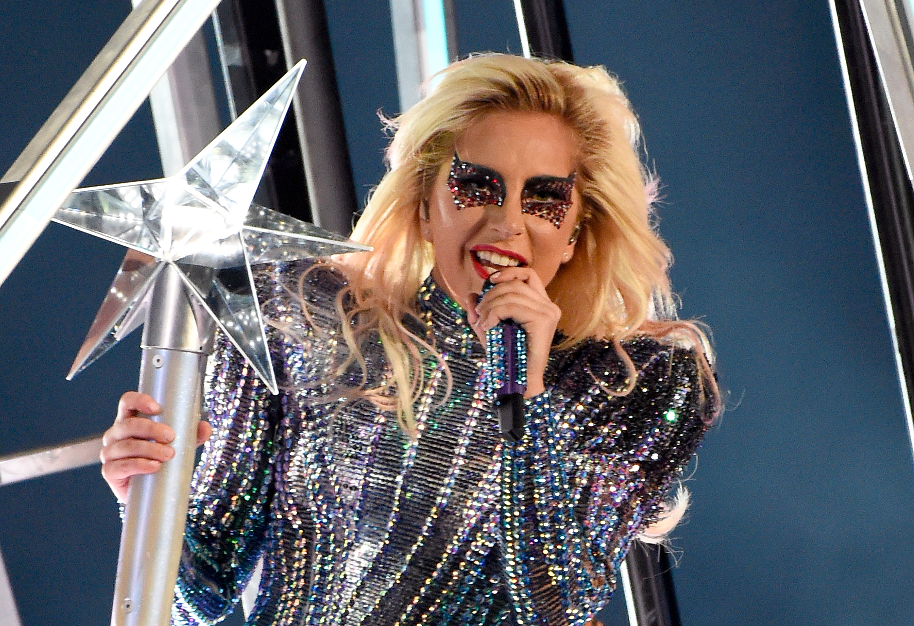 HOUSTON, TX - FEBRUARY 05:  Musician Lady Gaga performs onstage during the Pepsi Zero Sugar Super Bowl LI Halftime Show at NRG Stadium on February 5, 2017 in Houston, Texas.  (Photo by Kevin Mazur/WireImage)