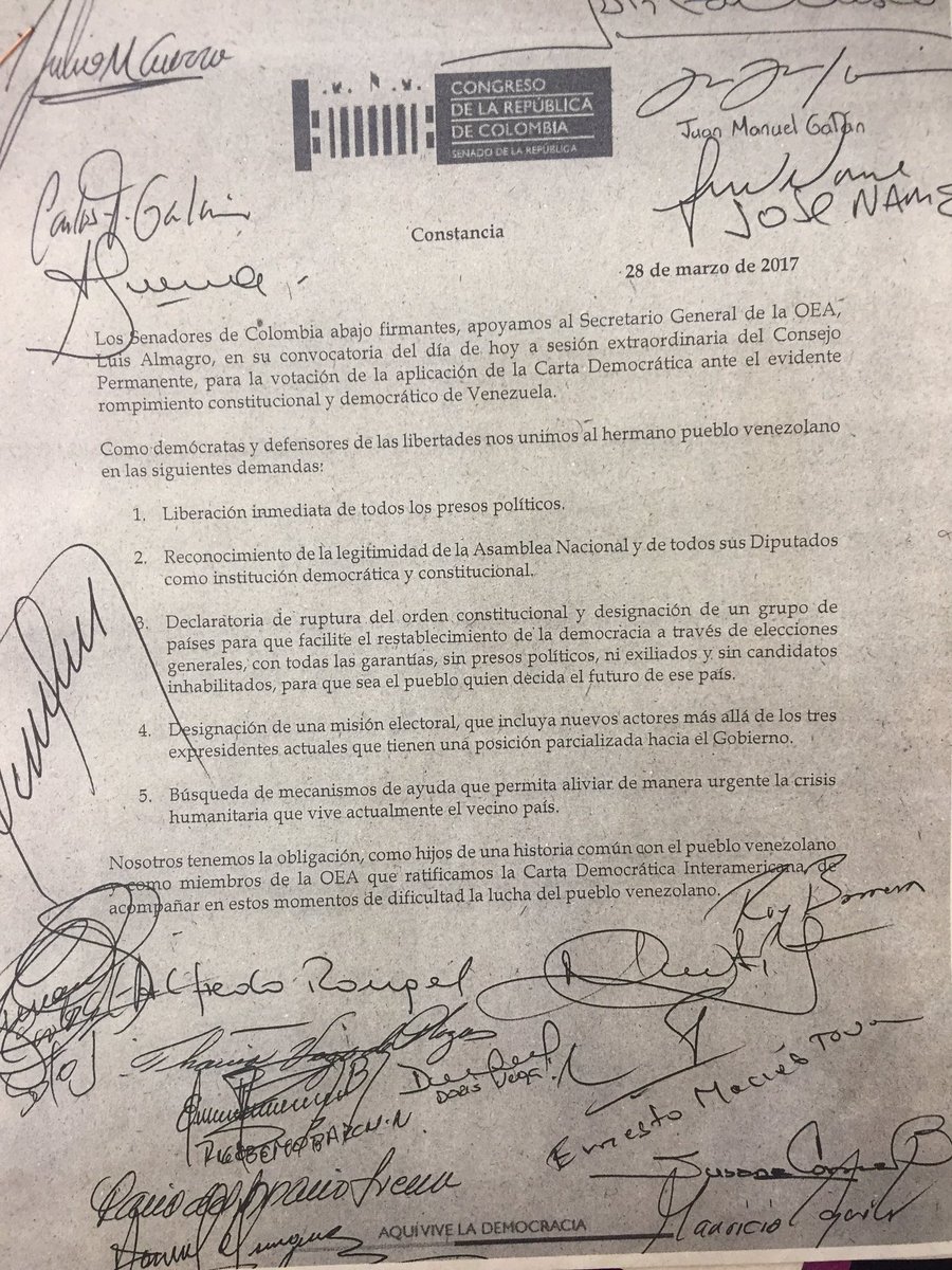 carta senadores colombianos en apoyo a almagro