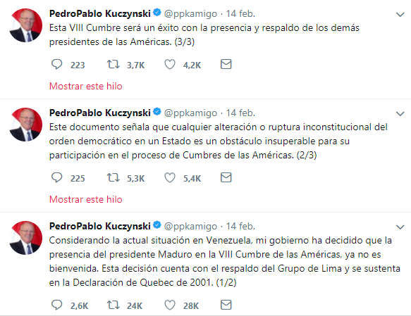 Tuits de Pedro Pablo Kuczynski sobre Maduro - Cumbre de las Américas