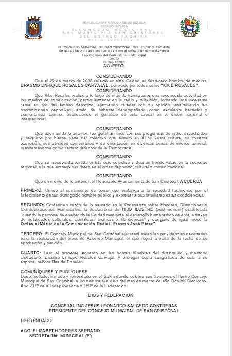 Concejo Municipal declara a “Kike” Rosales Hijo Ilustre de San Cristóbal