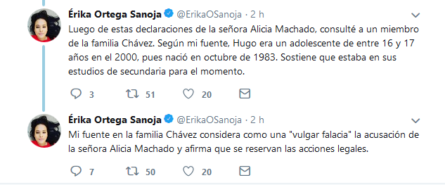 Tuits de Erika Sanoja contra Alicia Machado