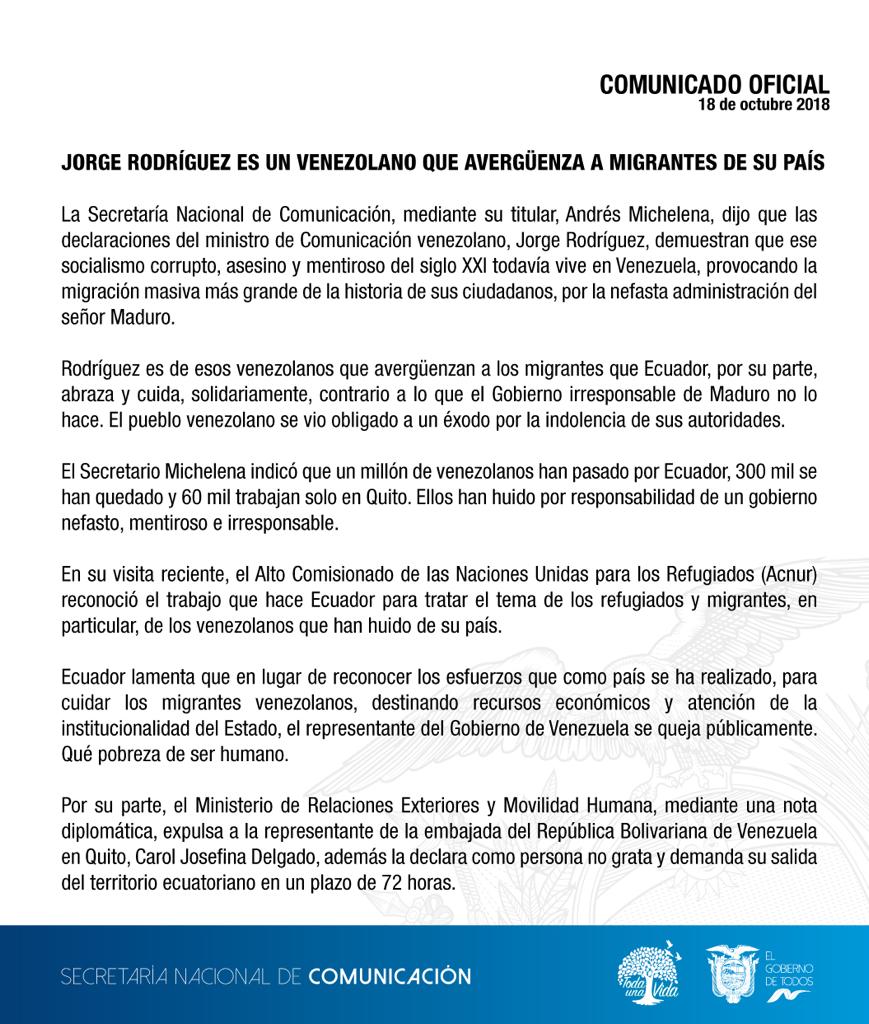Comunicado de Ecuador sobre Jorge Rodríguez