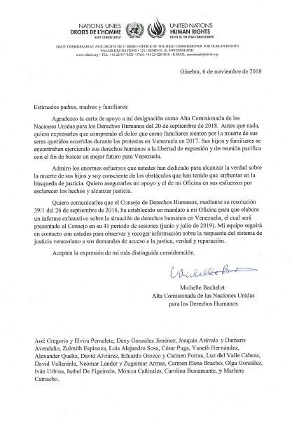 Michelle Bachelet envía carta a los padres de jóvenes asesinados en protestas de 2017
