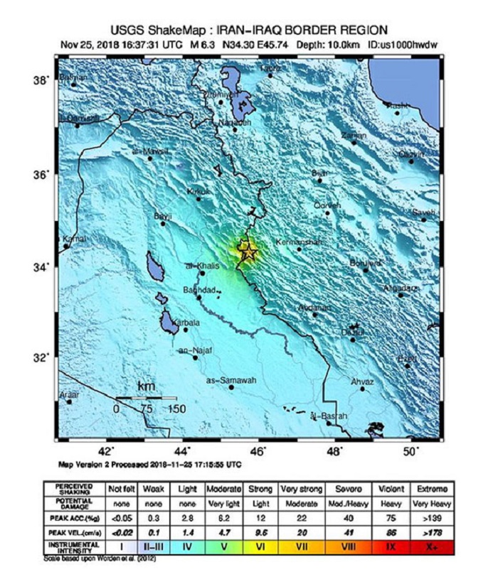 Sarpol-e Zahab (Iran (islamic Republic Of)), 25/11/2018.- A handout photo made available by the United States Geological Survey (USGS) of a USGS Shake Map showing the location of the 6.3 earthquake that has hit 20km South SouthWest of Sarpol-e Zahab, Iran, 25 November 2018. Current reports have no information on damage or injuries. (Terremoto/sismo, Estados Unidos) EFE/EPA/USGS / HANDOUT HANDOUT EDITORIAL USE ONLY/NO SALES