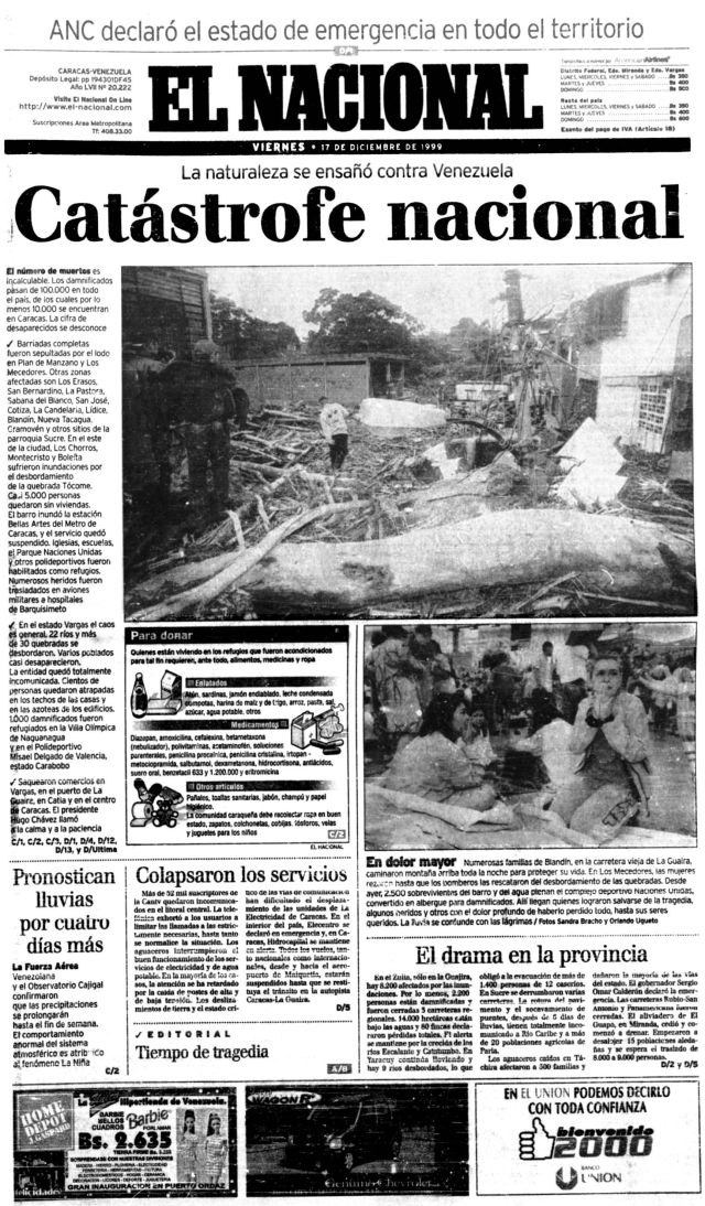 Portada El Nacional del 17 de diciembre de 1999