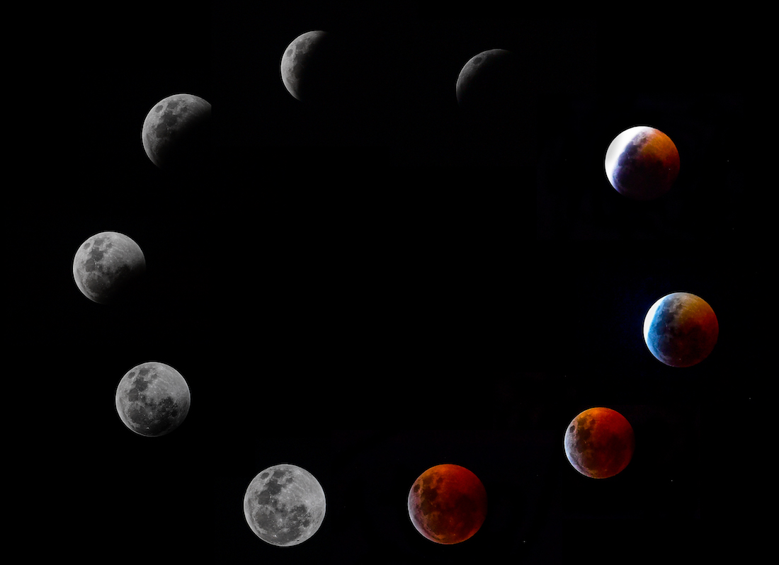 A composite photo shows all the phases of the so-called Super Blood Wolf Moon total lunar eclipse on Sunday January 20, 2019 in Panama City. - The January 21 total lunar eclipse will be the last one until May 2021, and the last one visible from the United States until 2022. (Photo by Luis ACOSTA / AFP)