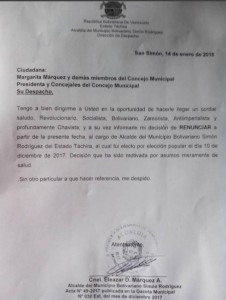 Alcalde tachirense PSUV renunció