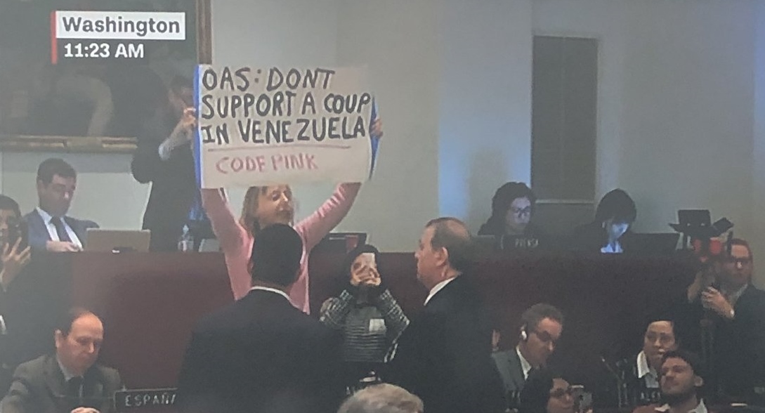 Mujer con pancarta interrumpe sesión de la OEA - dictadura de maduro