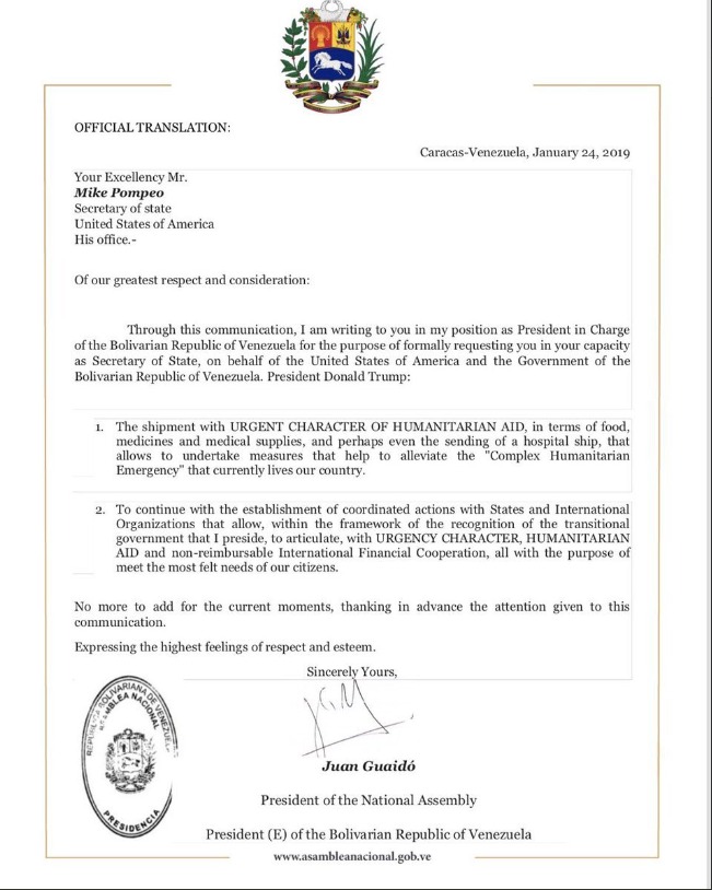 Documento que ratifica solicitud de Mike Pompeo de la ayuda humanitaria para Venezuela