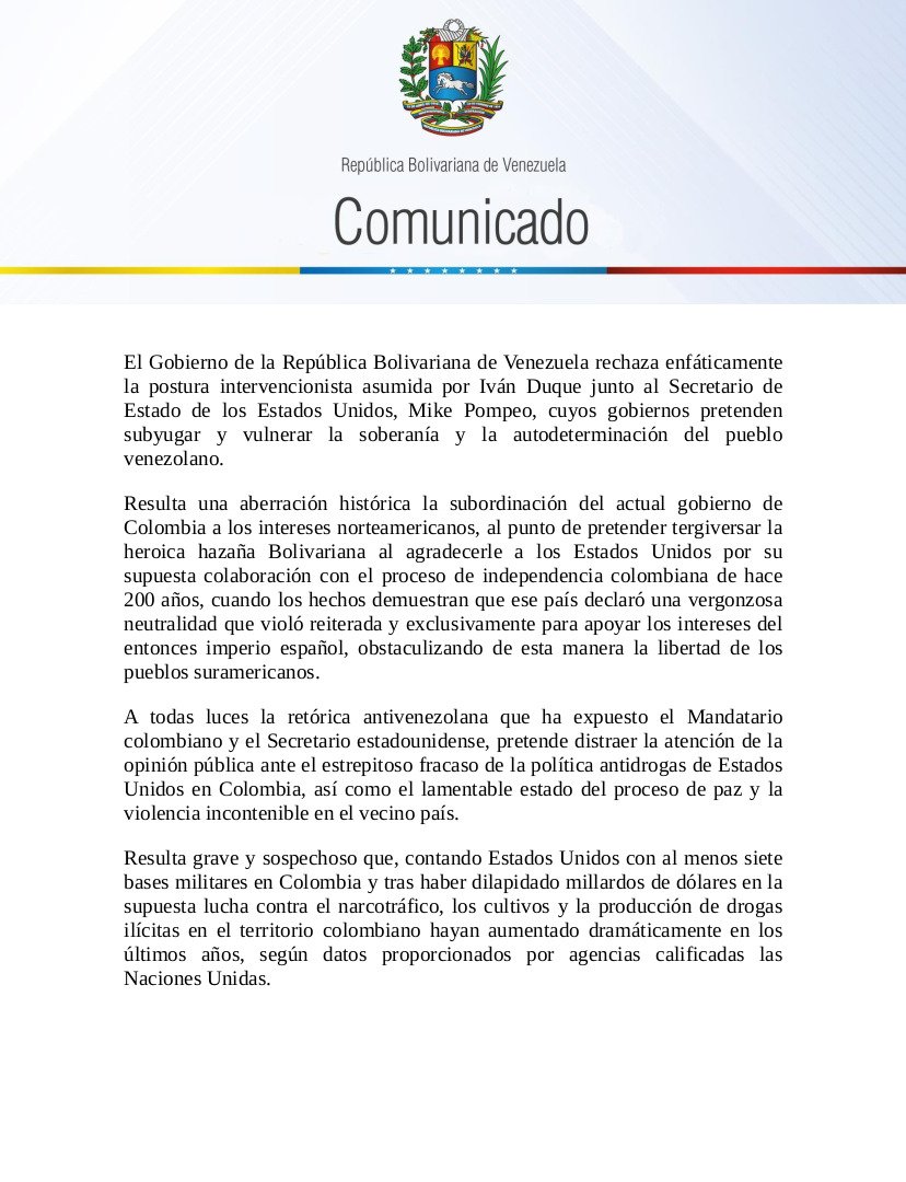 comunicado venezuela contra Estados unidos y colombia