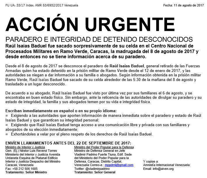 Amnistía Internacional emite acción urgente para Baduel