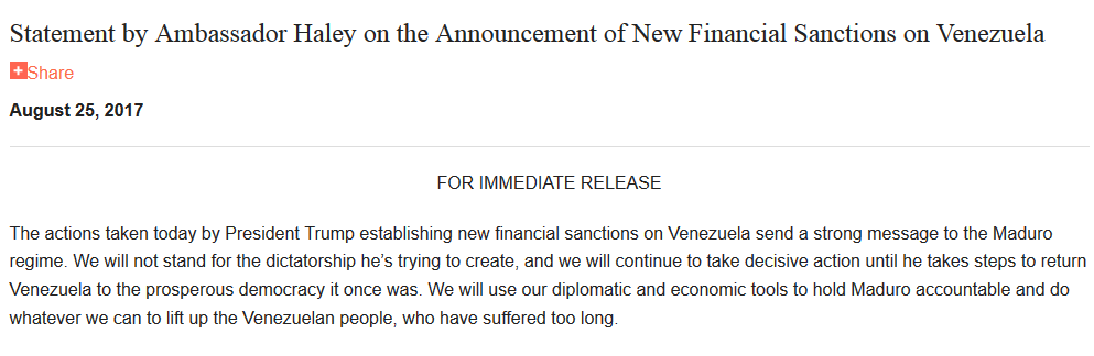 La embajadora de Estados Unidos ante la ONU, Nikki Haley se pronuncia sobre sanciones a Venezuela