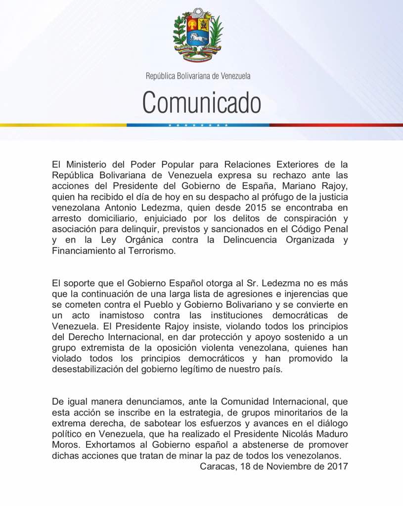 comunicado venezuela rechazo reunion ledezma rajoy