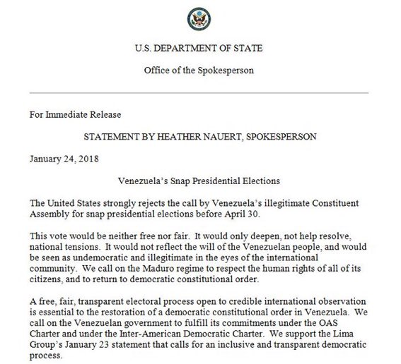 Comunicado del Departamento de Estado de EEUU sobre elecciones convocadas por la Constituyente