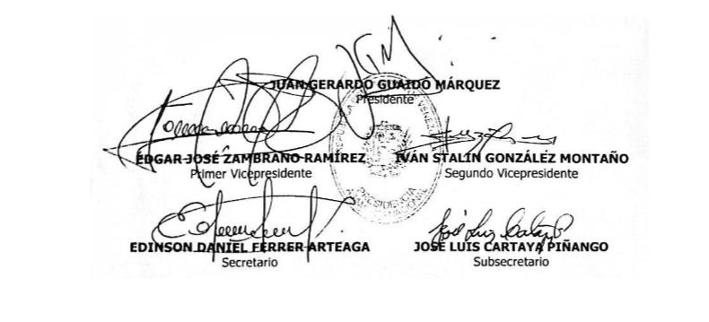 Firmas en el acuerdo de la Asamblea Nacional sobre usurpación del cargo - Nicolás Maduro