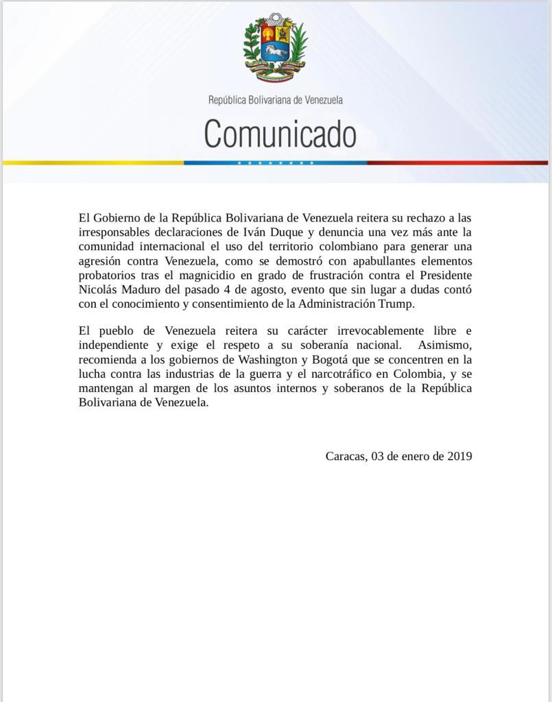 comunicado venezuela contra Estados unidos y colombia 2