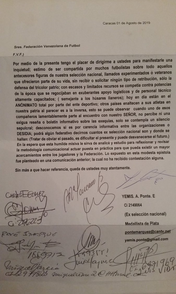 Carta de exfutbolistas de la vinotinto a la FVF