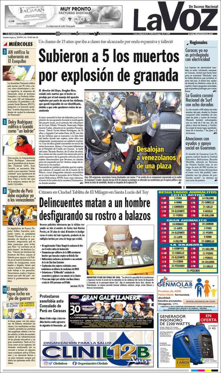 Portada diario La Voz 2 de octubre 2019
