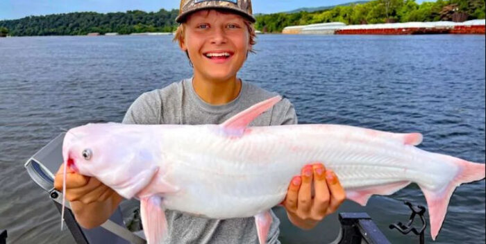 Adolescente logró pescar un bagre con albinismo